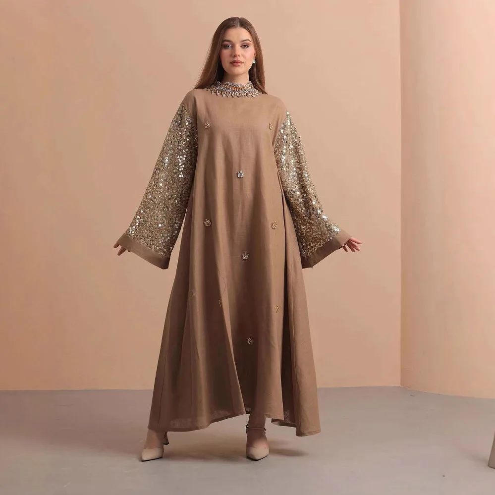 

2025 Muslim New Long Robe Dress Patchwork Sleeves Beaded Abaya Dress Long Dress Robe Abaya Ramadan Dubai Luxury Islam Elegant