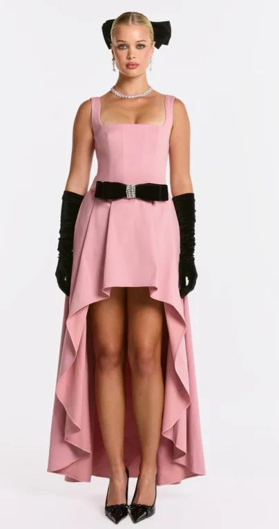 Pink Square Neck Sleeveless Gown, Black Rhinestone Belt High Low Ruffle Formal Dress
