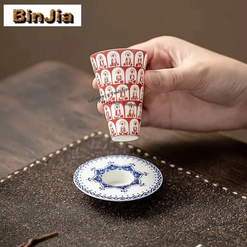 35ML Creative Thousand Buddha Teacup White Porcelain Red Dust Cup Saucer Set Tea Bowl with Holder Kit Personal Chazahan Teaset