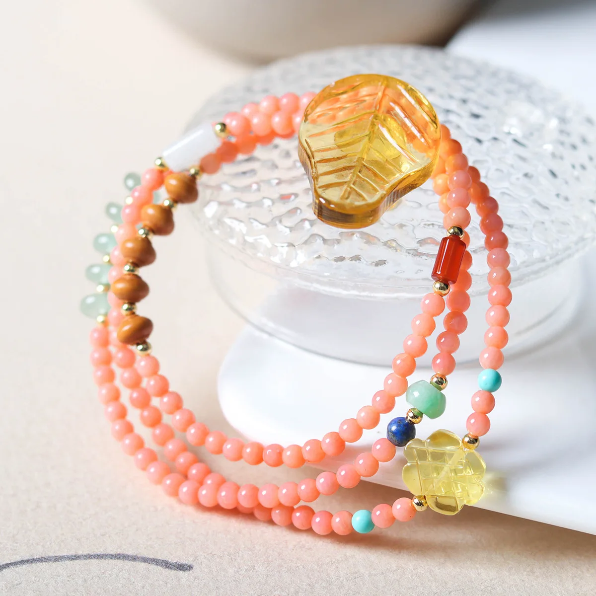 

Pink Coral Style Single Strand Bracelet with Amber Accents New Chinese Style Jewelry for Women Gifts