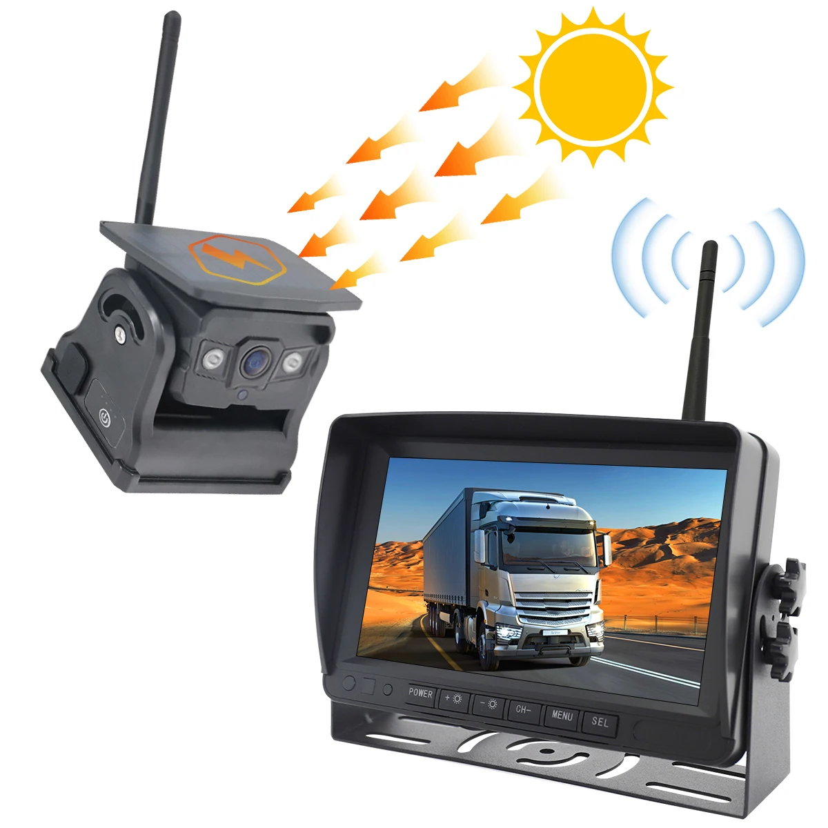 

Eachcam Magnetic Solar Wireless Backup Camera 1080P DVR 7" IPS Monitor Reverse Camera System Reversing Aid for Truck Bus RV