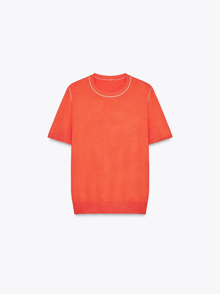 

New Summer Women's Knitted ort Sve round Ne T-irt Pure Color Trim Simple Sle Commute Faion 00% Other Material