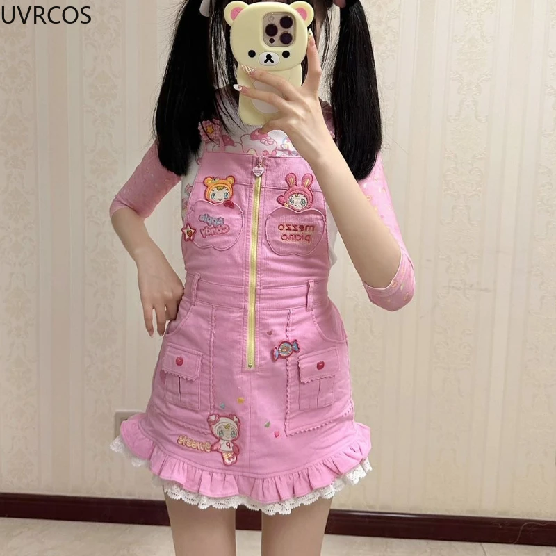 Sweet Lolita Style Strap Dress Women Cute Bunny Cartoon Embroidery Kawaii Party Mini Dress Female Korean Fashion Princess Dress