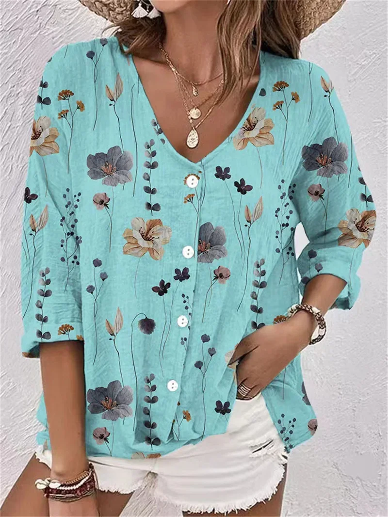 Women New Loose V Neck Shirt Elegant Print Single-breasted Cardigan Blouse Female Spring Autumn Casual Commuter Long Sleeve Tops