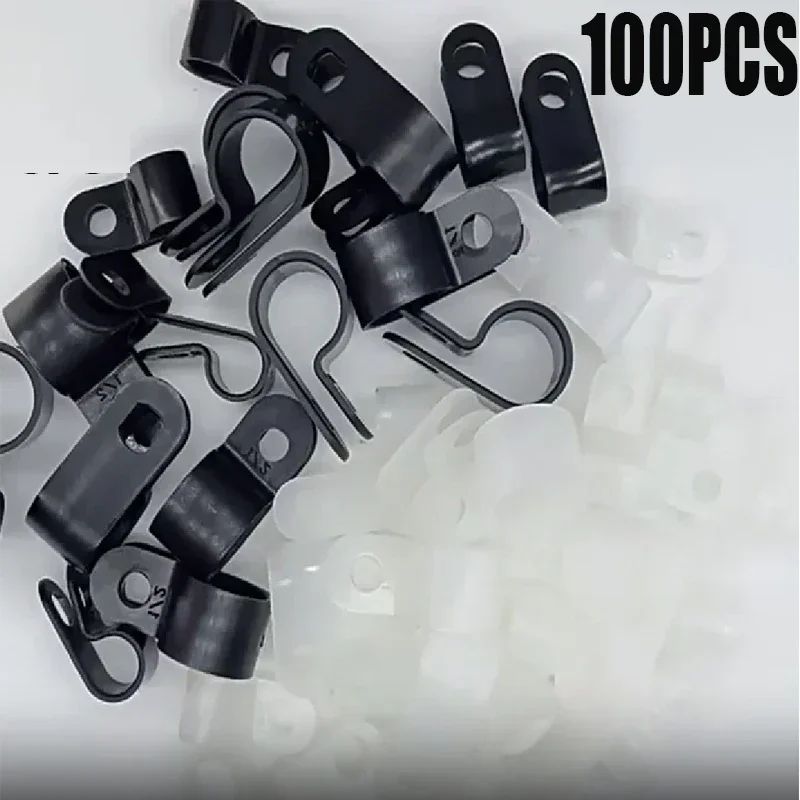 100PCS Plastic P Clips Black Hose Fasteners Cable R-Type Nylon Cable Clamp Mounting Fix Hardware Electrical Fittings Cable Clips