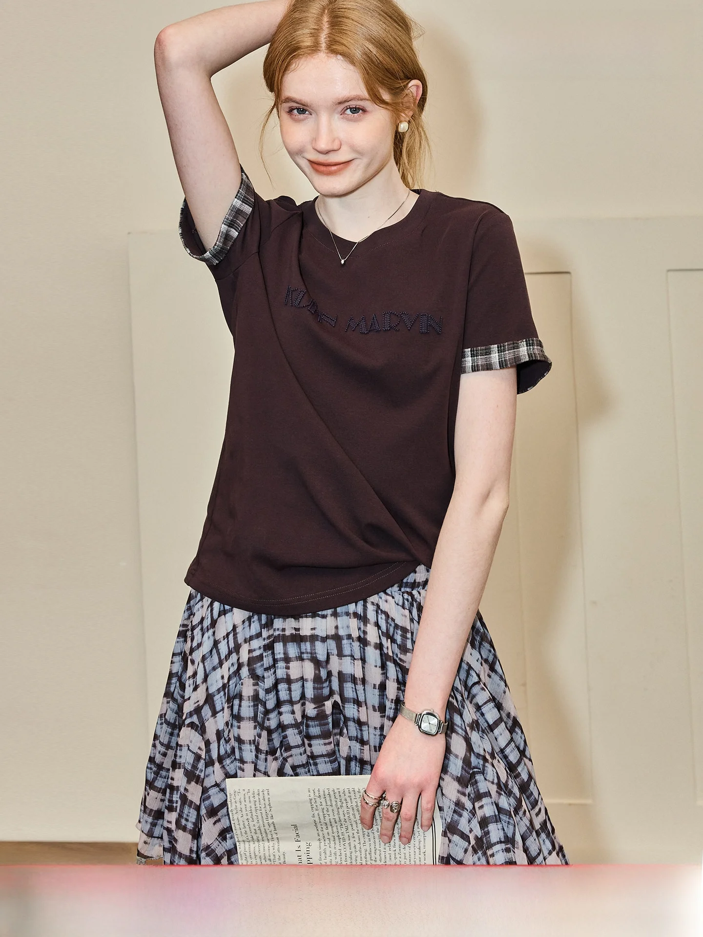 

Summer Style Plaid Bridge Embroidery T-Shirt Short Sleeve Patchwork Slimming Straight Leg Cotton Knitted Retro Fashion for La...
