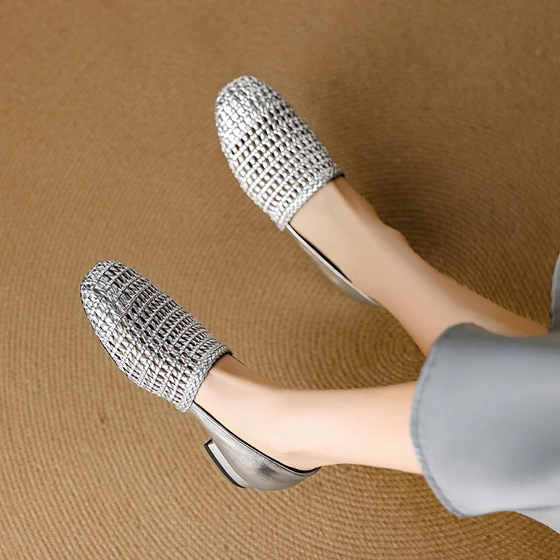 Women's new spring and summer genuine leather cowhide hollow woven fabric hollow breathable low heel Oxford single shoe