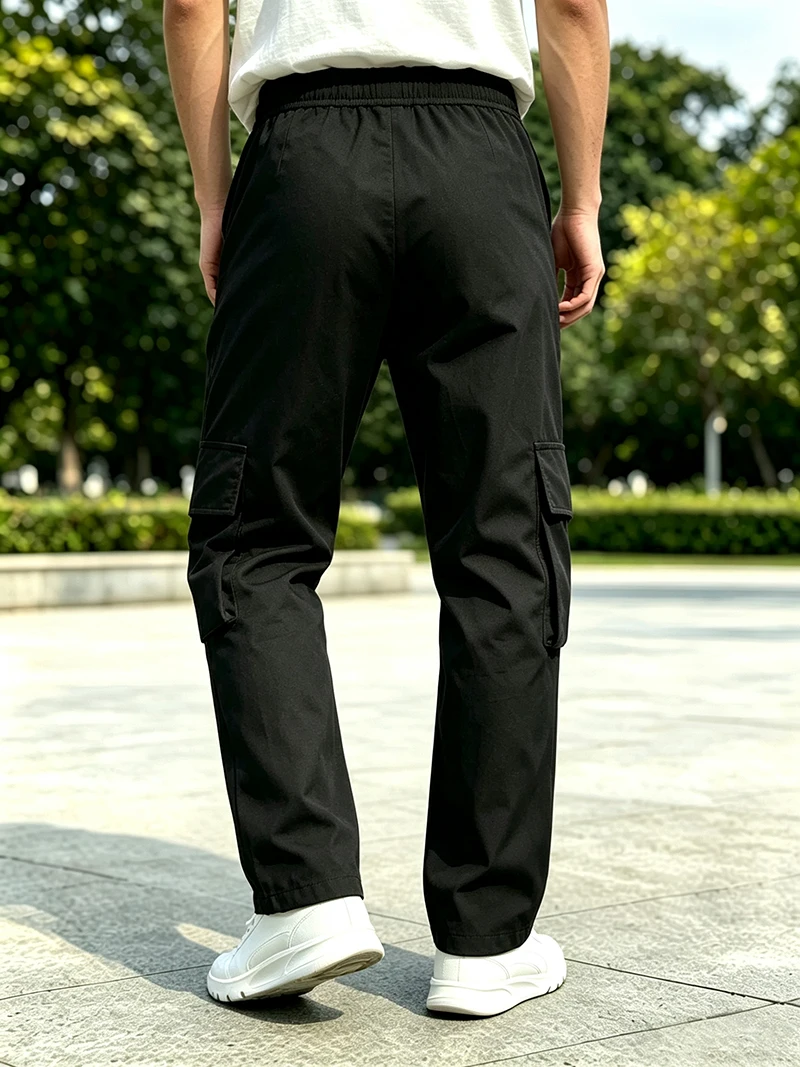 Herren-Cargohose mit mehreren Taschen, elastischem Bund und Kordelzug, locker geschnittene Hose mit geradem Bein, lässige Outdoor-Alltagshose für Frühling und Herbst – Detail 5