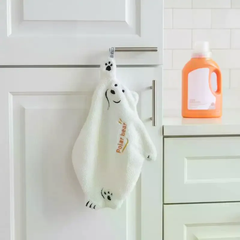 Fotografia: Toalha de Cozinha Super Absorvente em Fleece Coral com Design de Urso Polar, Prática para Pendurar