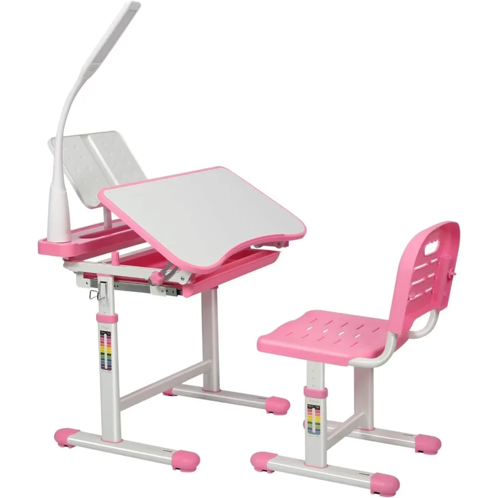 

Children School Study Desk with Tilt Desktop, Bookstand, LED Light, Metal Hook and Storage Drawer for Boys Girls, Pink