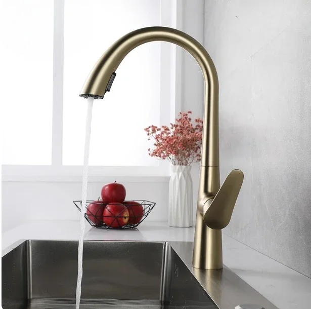 Gold Brushed Kitchen Faucet Pull-out Hot and Cold Vegetable Basin Sink Faucet Swivel 2/1 and 3/8 Sizes taps