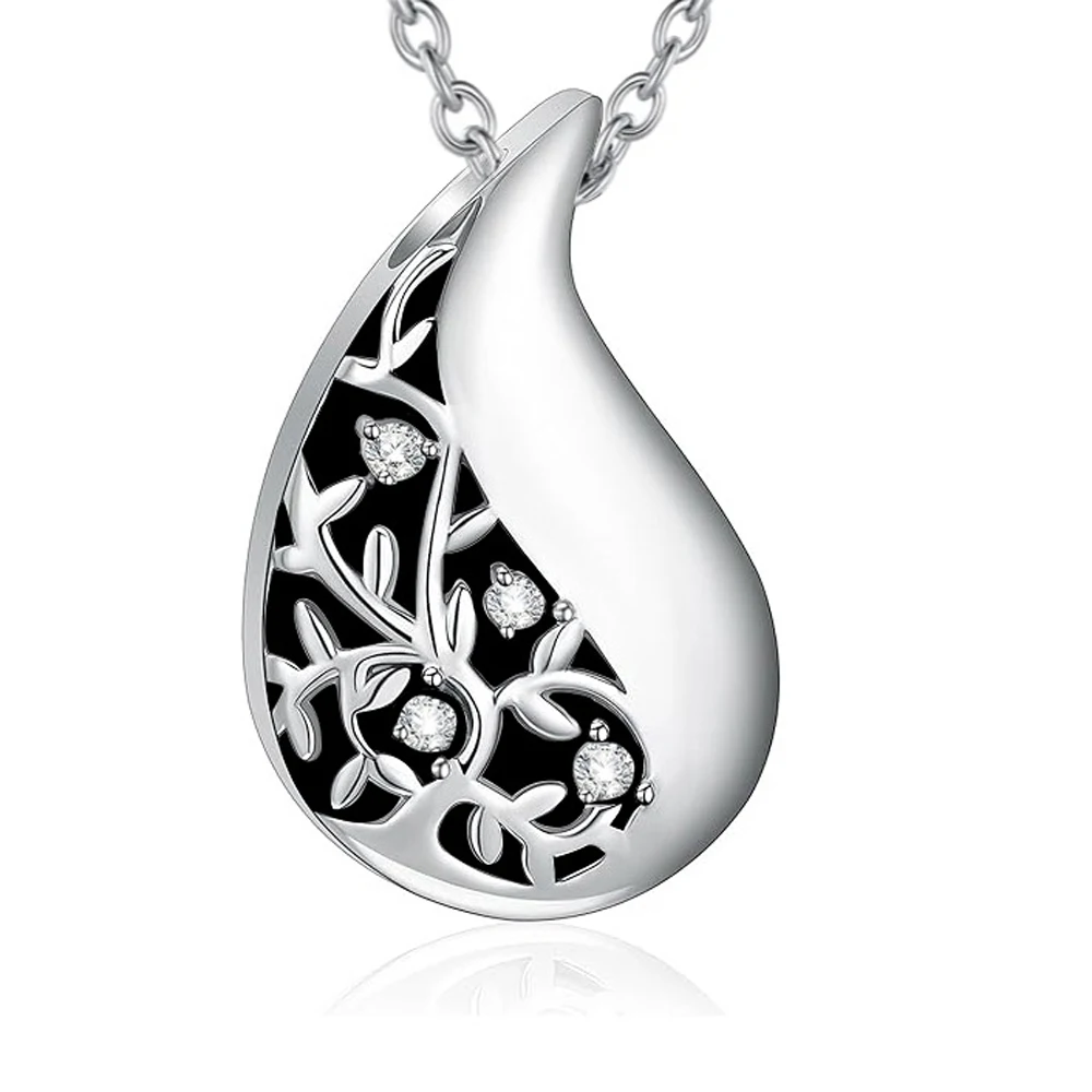 925 Sterling Silver CZ Titanium Steel Tree of Life Teardrop Urn Necklace Ashes Family Tree Keepsake Cremation Memorial Jewelry