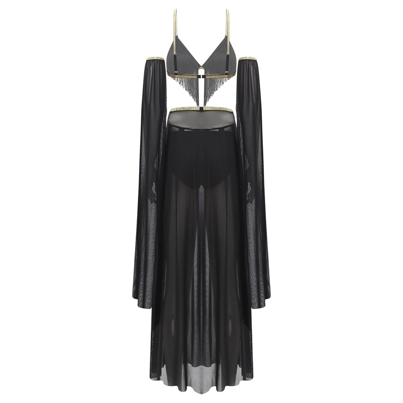 여성 섹시 벨리댄스 의상 프린지 브라 탑 팬티 하이 슬릿 메쉬 스커트 및 스팽글 허리 체인 둔황 인도 민속 무용복