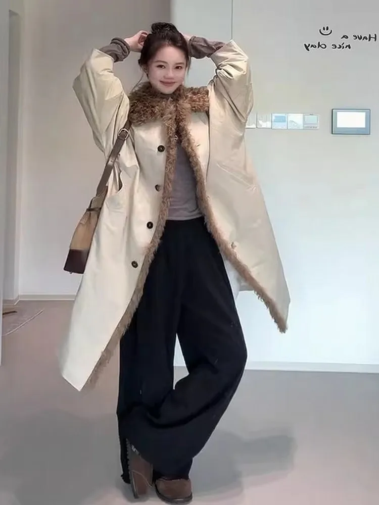 الكورية نمط فو الأغنام الفراء طوق المرأة طويلة أسفل معطف فضفاض صالح معطف واحد الصدر سترة منفوخة شتاء دافئ ملابس خارجية #5