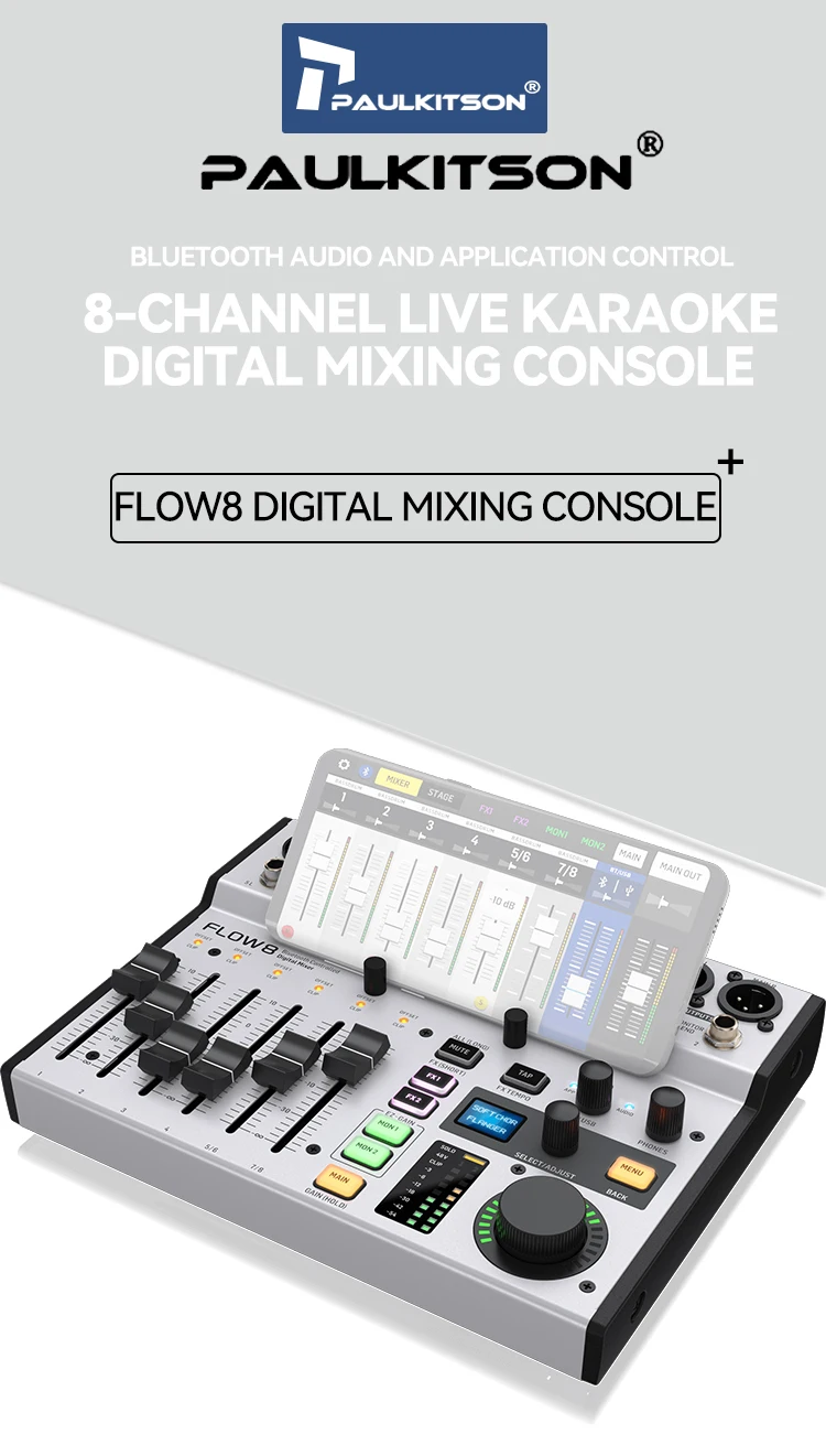 Paulkitson FLOW 8 Tragbarer Digitaler Audio-Mixer Bluetooth APP Fernbedienung Duale FX-Effektgeräte OTG Stereo für Live-Streaming Band DJ Bühne – Detail 1