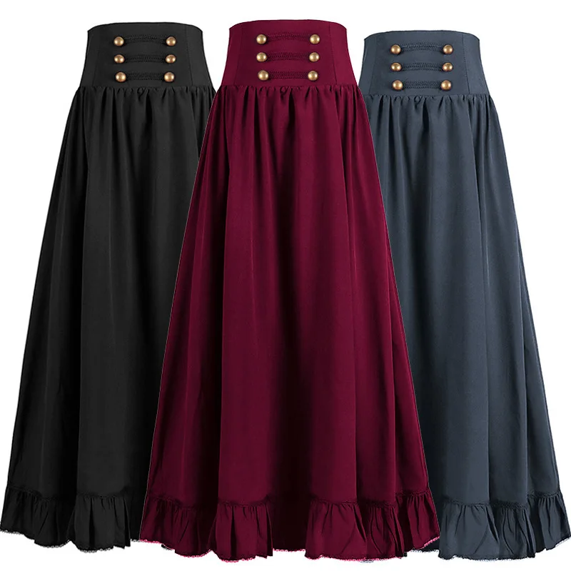 Medieval Gothic Maxi Skirt for Women,Retro Lace Ruffle Hem Flared Long Skirts,High Waist Lace Up Large Size A Line Dress Skirt