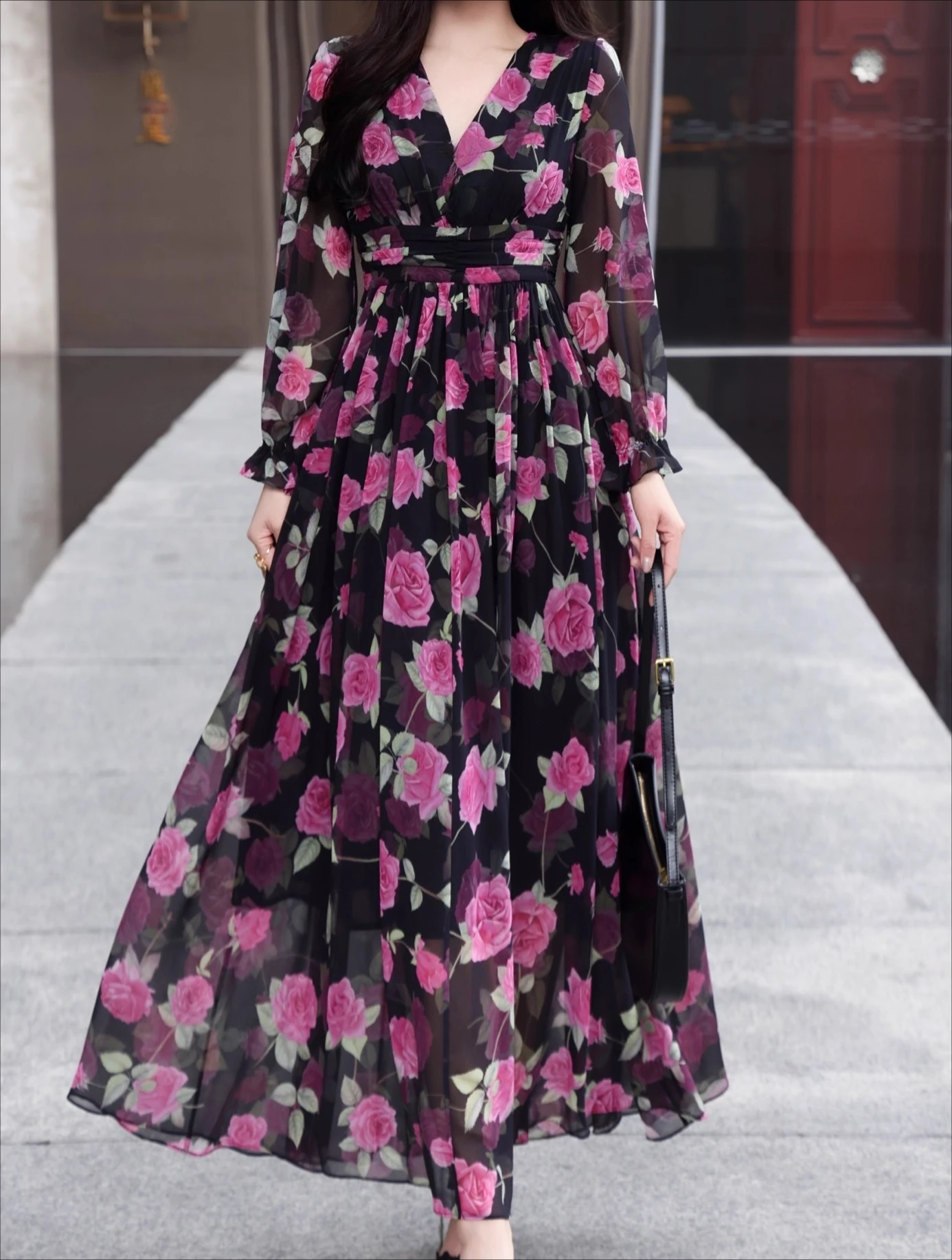 

Платье с длинными рукавами и цветочным принтом, женское свободное стильное элегантное платье макси, облегающее уличное платье, шикарная тканевая женская одежда