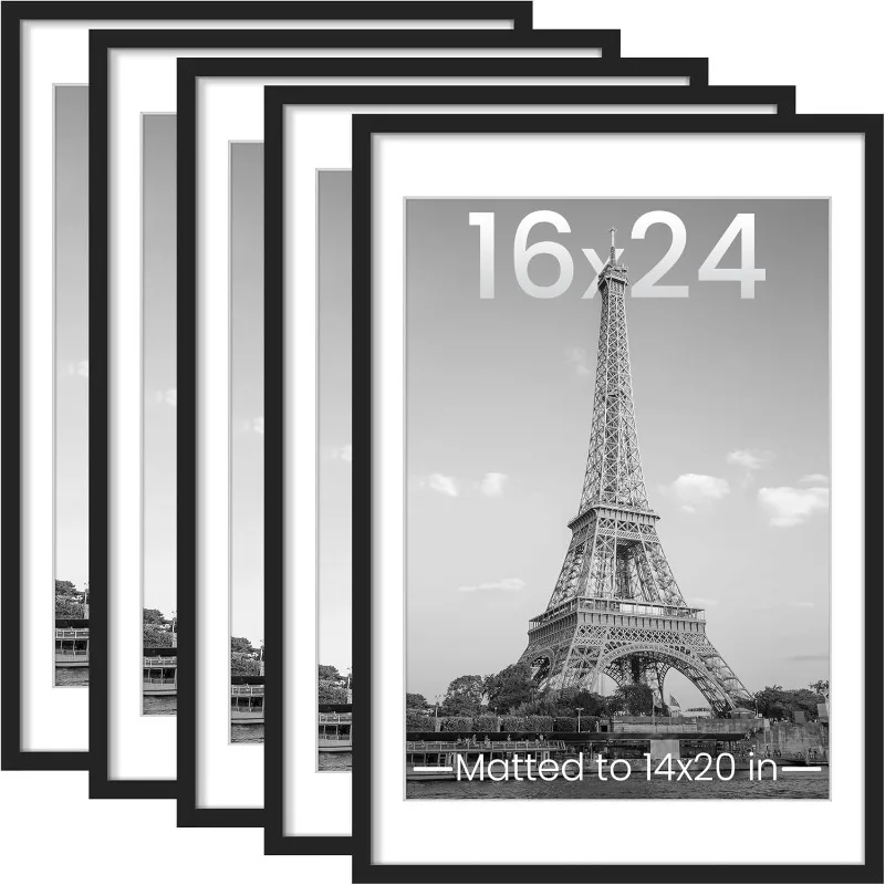 

16x24 Picture Frame Set of 5, Display Pictures 14x20 with Mat or 16 x 24 Without, Wall Gallery Poster Frames, Black