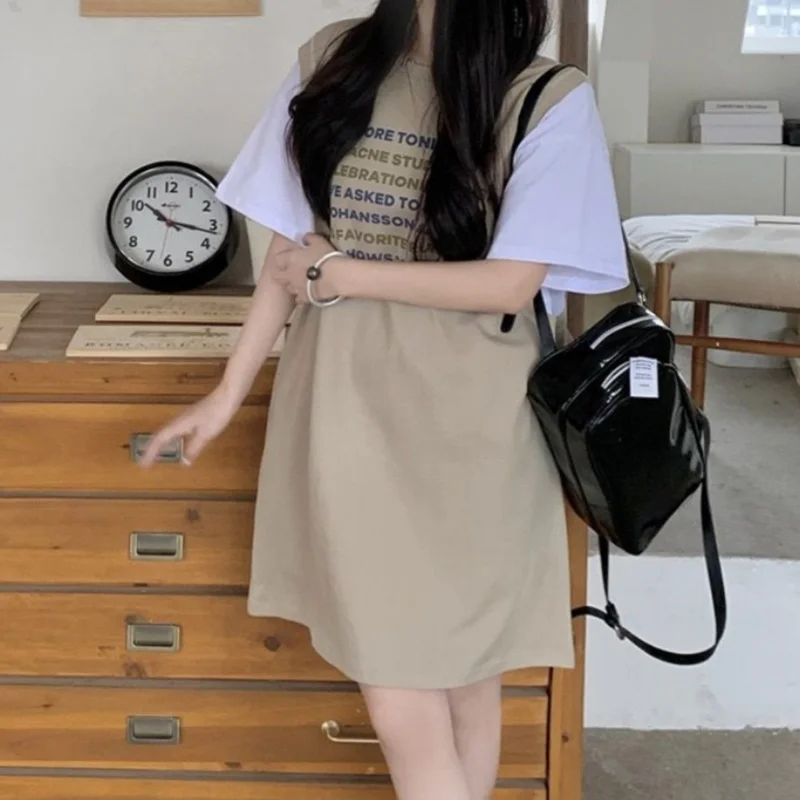 Summer Korean Version Letter Print Contrasting Color Patchwork Fake Two-piece T-shirt Skirt Loose Casual Fashion Versatile Dress