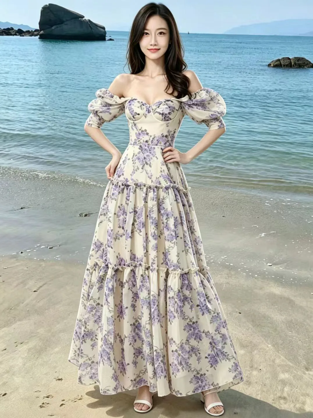 

Elegant Long Evening Gown Shoulder Bared Euro Organza Fairy Atmosphere Cross-Border New Style Women's Fashion Dress
