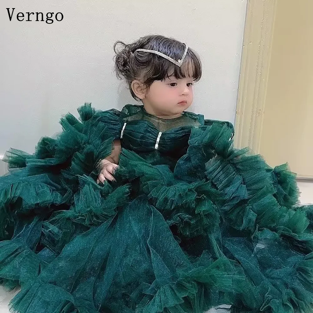 Verngo Hunter Green Tulle Girl Flower Dress Off The Shoulder A Line Tiered Birthday Party Dresses Celebrity Ball Gown Customized