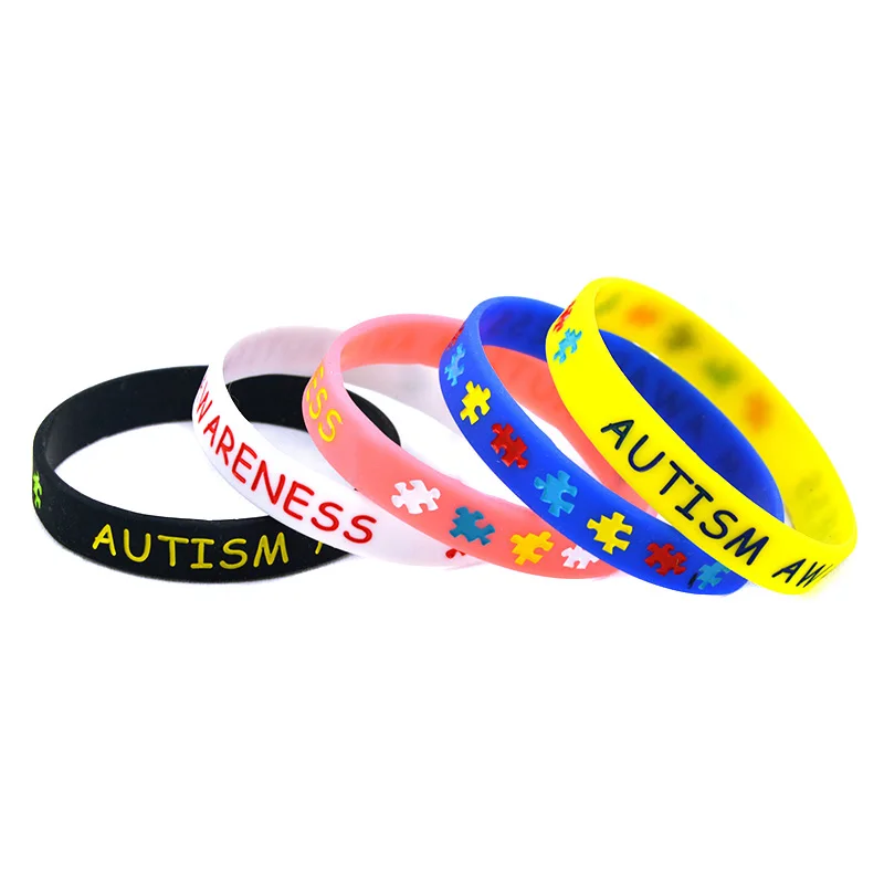 50 Pcs Autism Awareness Silicone Bracelet Engraved Puzzle Logo Rubber Wristband 2 Sizes