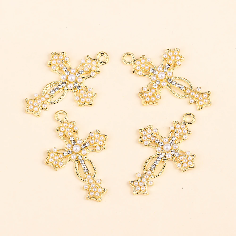 10Pcs Gold Color Alloy Pearl Cross Pendant Necklace For Women DIY Making Fashion Luxury Fine Chain Necklace Accessories Jewelry