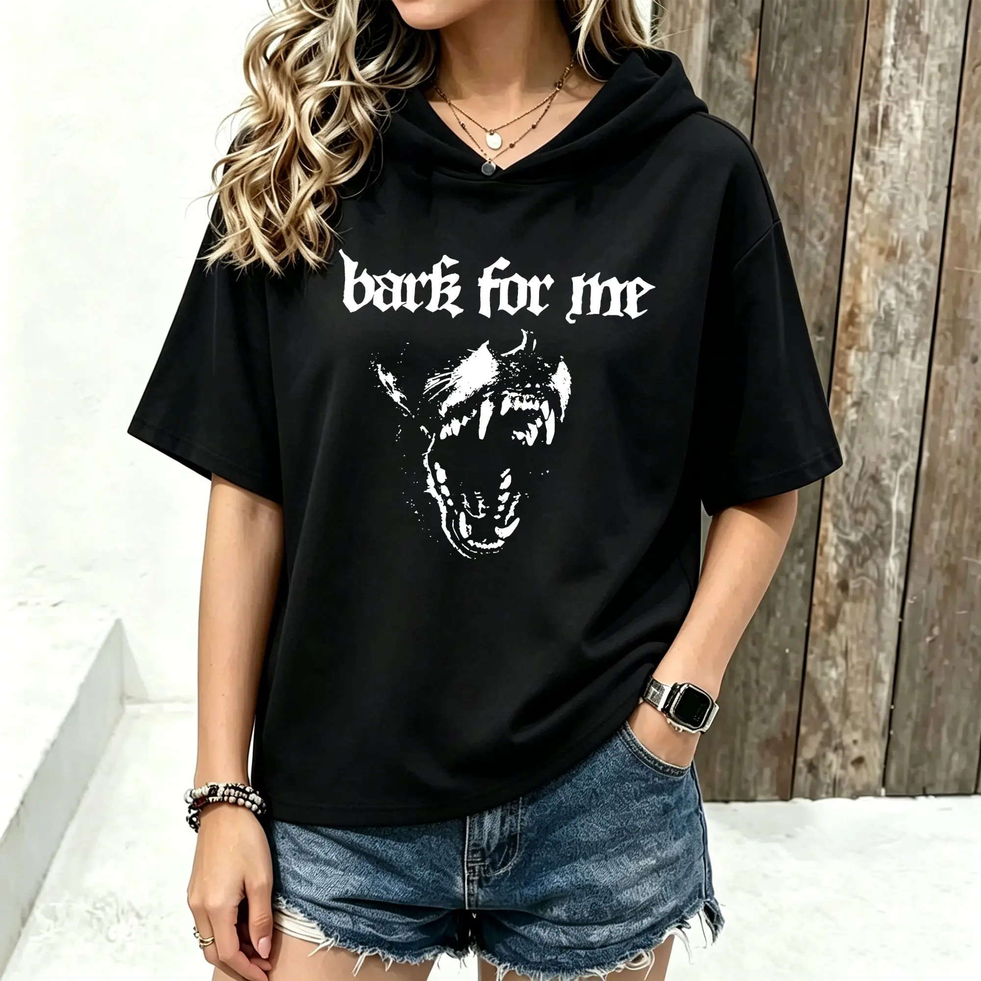 Women Short Sleeve Hoodie Gothic Wolf Graphic Print Spring Summer Casual Hooded Tee Tops