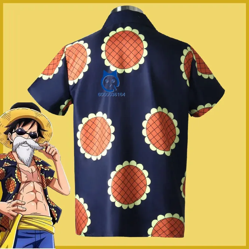 Disfraz de Anime Monkey D Luffy para hombre y mujer, camisa con botones y estampado de girasol, traje de juego de rol para Halloween, camisa informal para todos los días para adultos