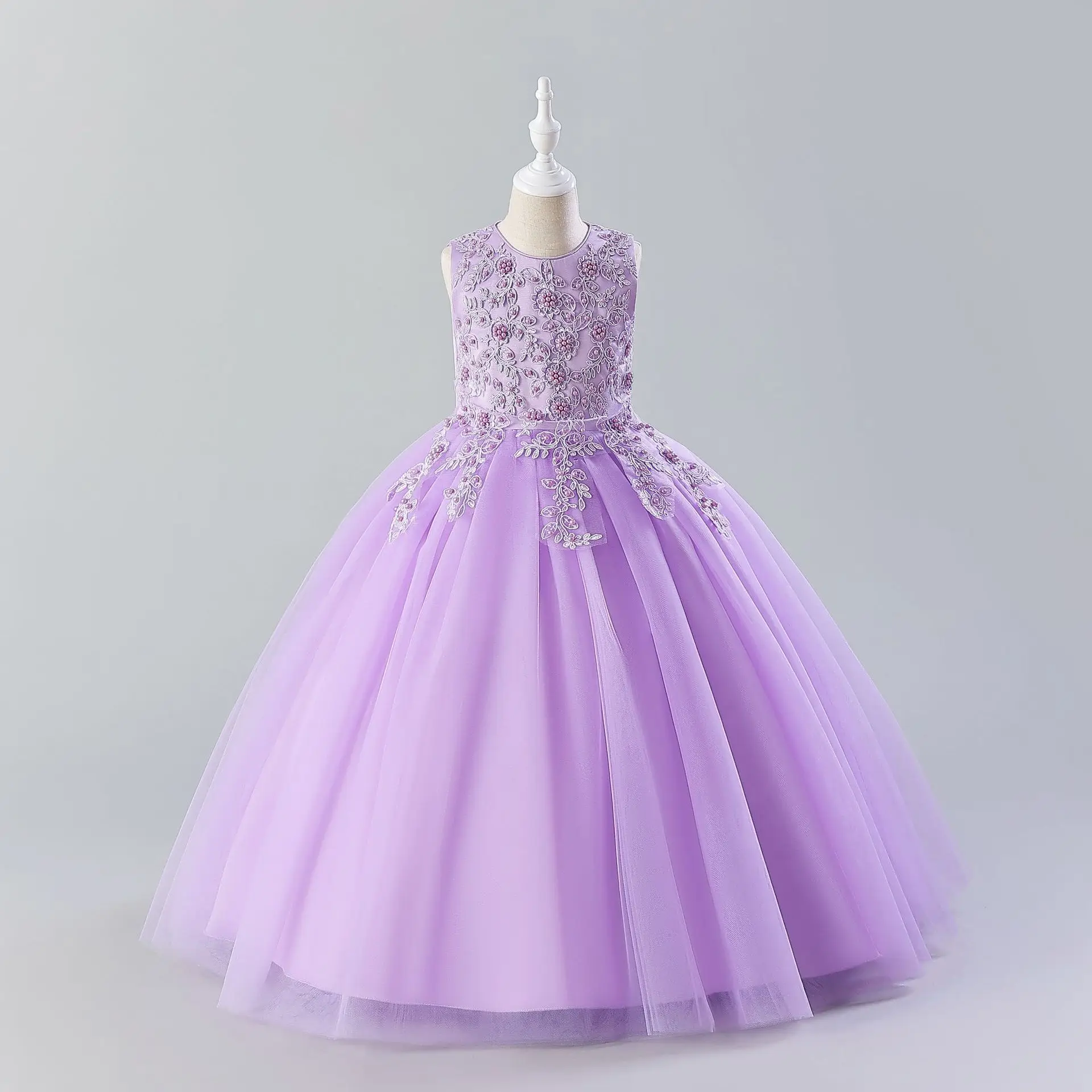 Vestido longo infantil com bordado de pérolas e véu fofo, princesa, menina inferior, bordado, piano, performance, vestido de noite