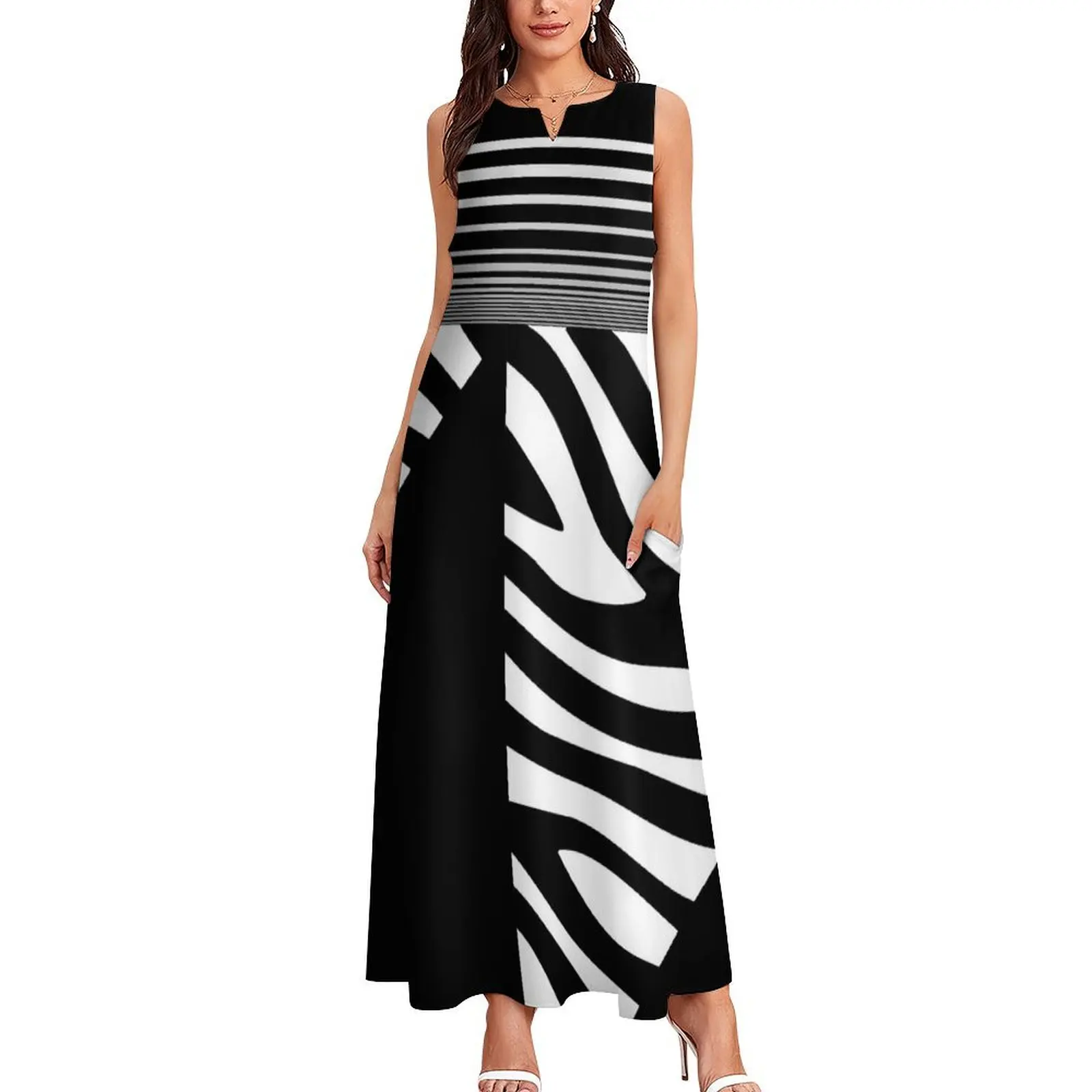 Zebra Print and Pin Stripes Animal Print Black and White Long Dress Woman clothes Party dresses Bride dresses