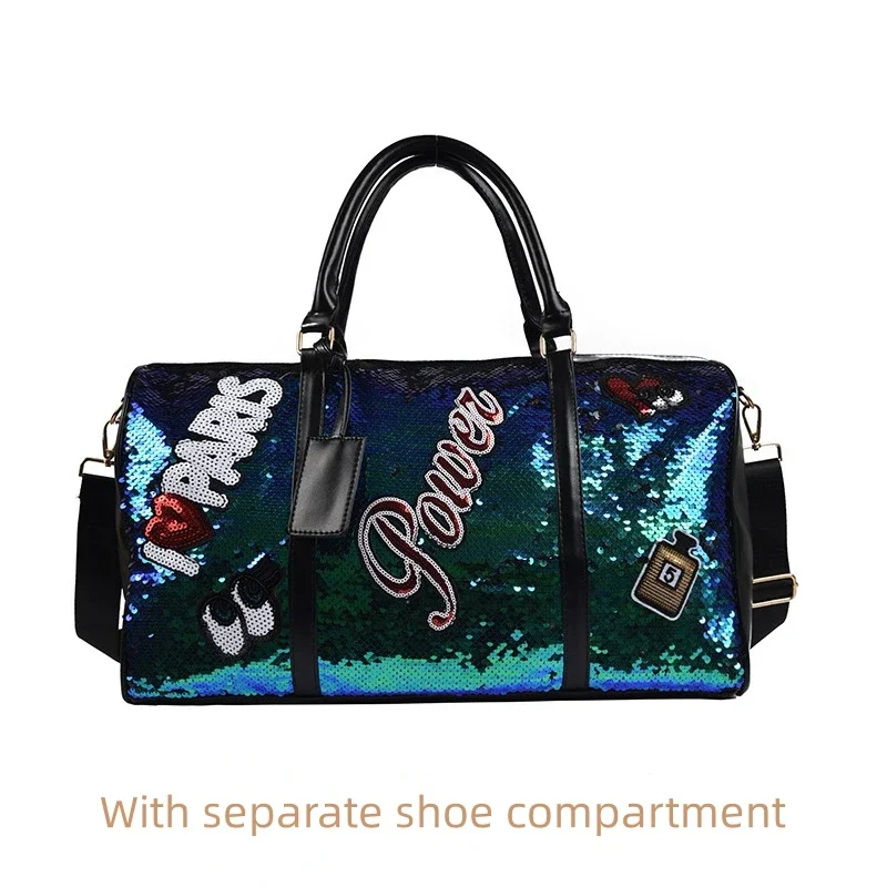 Sequins PU Travel Bag Fashion Sports Large Capacity Shoulder Bag with Separate Shoe Compartment Europe United States Handbag