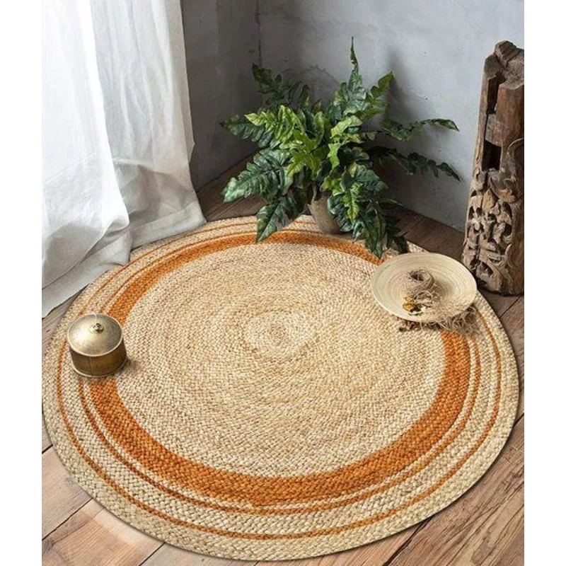 Rug Jute Round 100% Natural Farmhouse Braided Style Area Rug Living Room Carpet Bedroom Decor