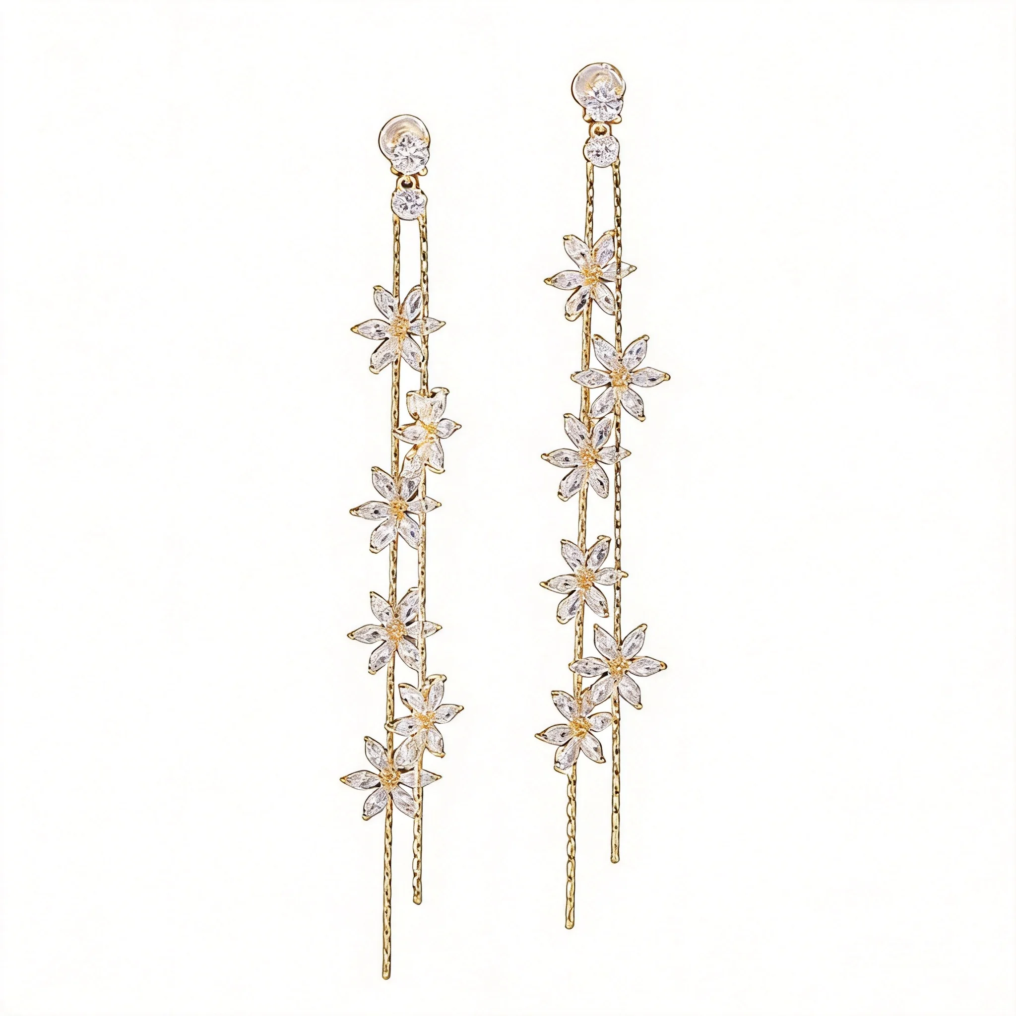 Shiny Cubic Zirconia Flower Tassel Dangle Earrings For Women Gold Silver Stud Clips Slim Face Jewelry For Wedding Party Wear