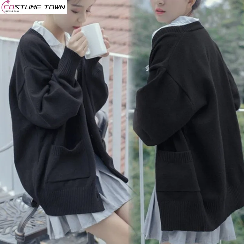 Black JK Outerwear Sweater Knit Cardigan Korean Version Loose Oversized Lazy College Spring Autumn and Winter New V-neck Jacke