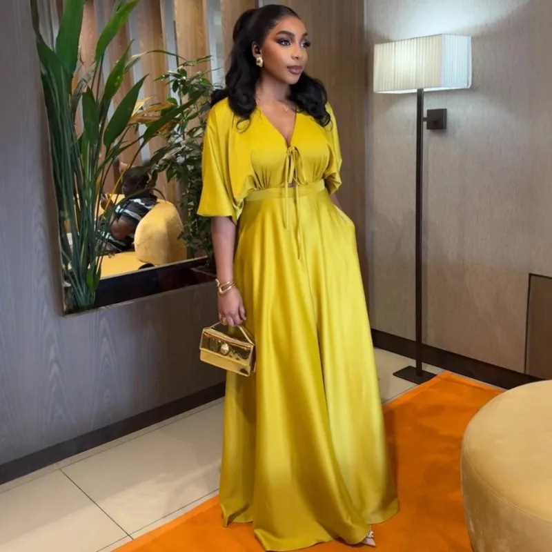 Afrikanisches Sommerkleid für Damen in Gelb, Elegantes Cocktailkleid mit V-Ausschnitt und Bindedetail vorne, Langes Fließendes Kleid für Gala-Partys und Abendveranstaltungen – Detail 12