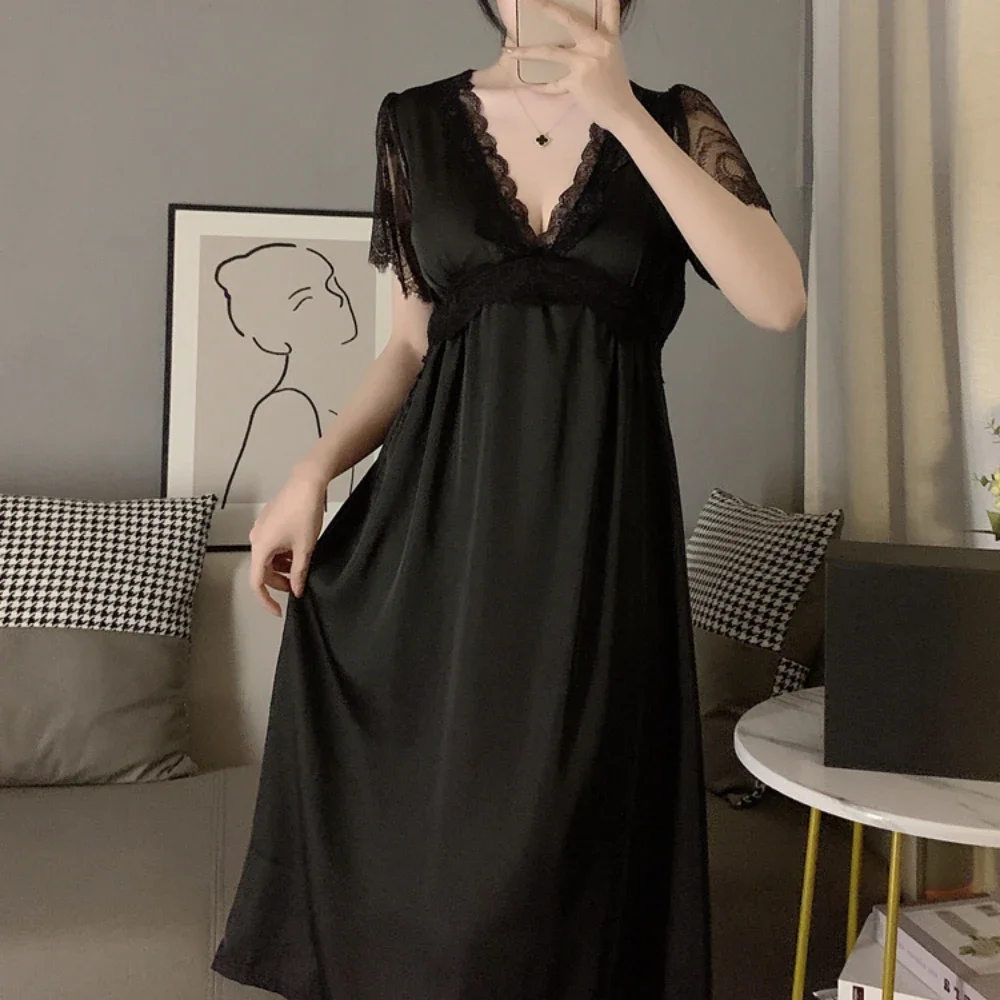 Sleepwear Court Style Black Pajamas See-through Seduction Nightgowns Robe Homewear Dress Nightdress Women's