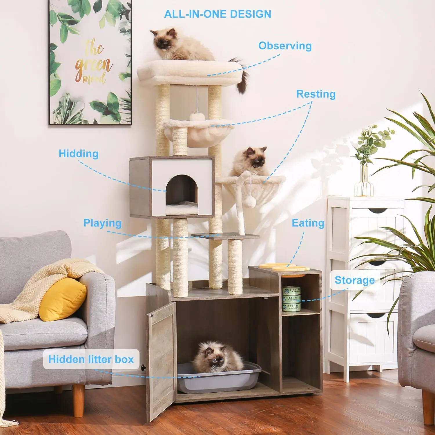 Modern Cat Tower for Indoor Cats with Large Platform, Condo Food Station