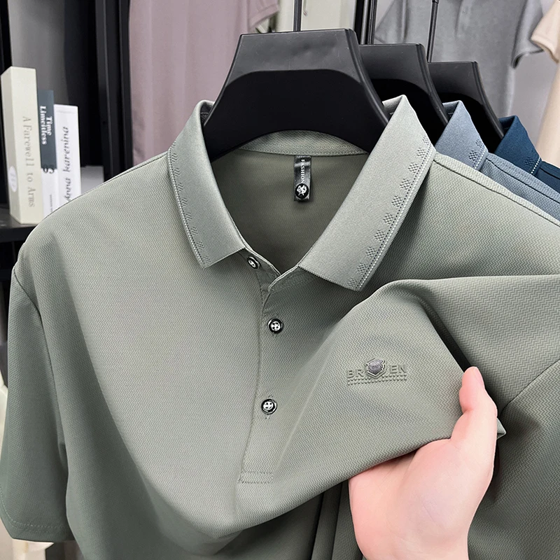 

High end brand emboss men's short sleeve polo shirt summer ice silk fashion breathable business casual solid color lapel T-shirt