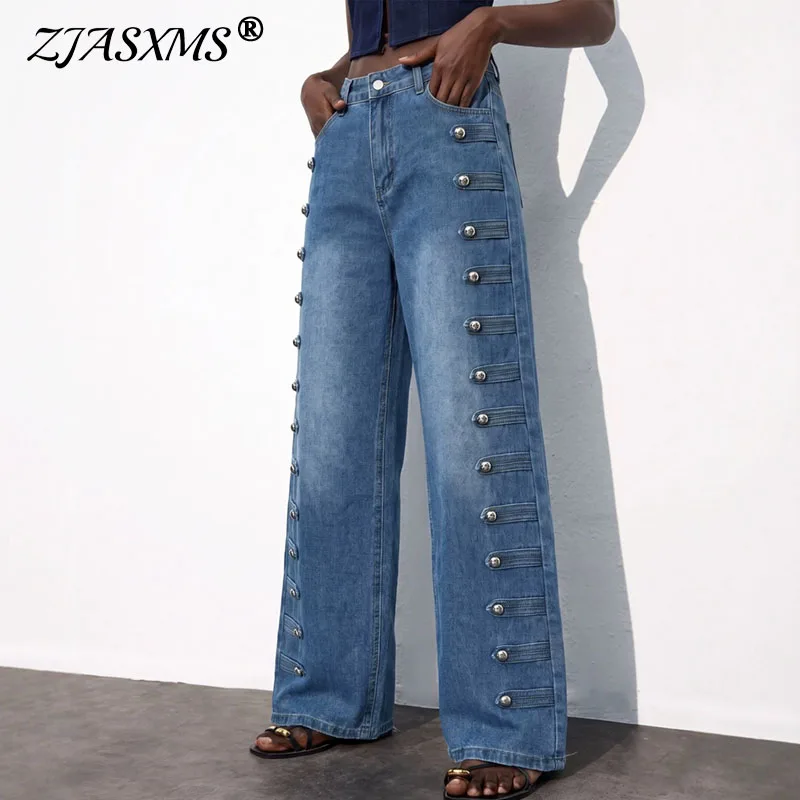 Women High Waist Wide Leg Jeans Side Metal Buttons Decor Loose Straight Leg Washed Denim Pants Streetwear Trendy Casual Trousers