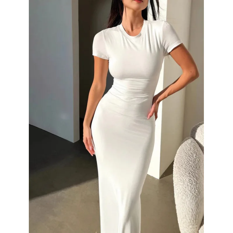 Ropa Mujer Women's Bodycon Maxi Dress Short Sleeve Crew Neck Ruched Slim Fit Long Dress Casual Elegant Party Dress