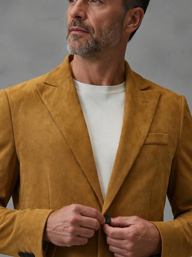 Men's High Quality Classic Brown Faux Suede Blazer Single Breasted Slim Fit Business Casual Jacket for Daily Work Party Wear