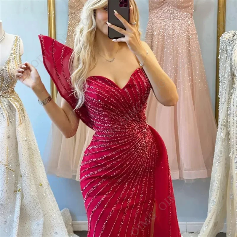 OIMG Red Glitter Prom Dresses Tulle One Shoulder Boho Shiny Sequins Sweetheart Side Slit Evening Gown Party Princess Customized