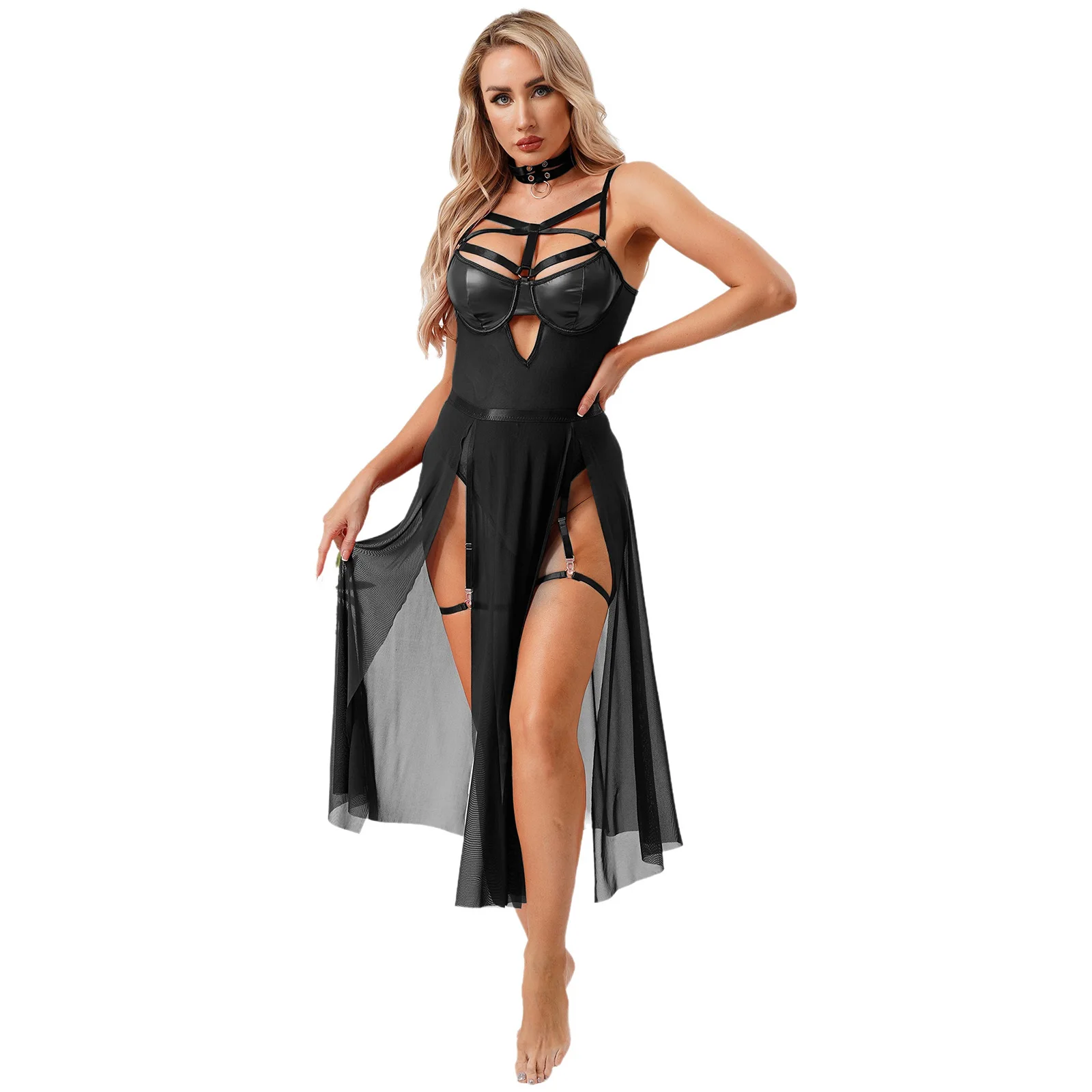 

Women Adult Exotic Back Hollow Out Nightdress Sissy Pu Bra Bodysuit with Slit Maxi Skirt Choker And Thigh Bands Tempting Outfits