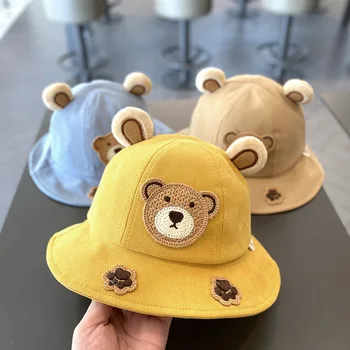 Cute Bear Children Bucket Hat New Spring Boys Girls Sun Hat Cartoon Outdoor Summer Kids Hat Hip Hop Baby Cap Korean Style 1-3Y