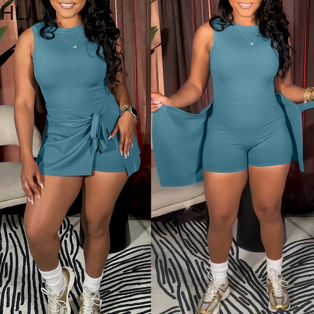 HLJ Fashion Sports Bodycon Rompers Women Solid Color Sleeveless Two Piece Small Apron Set Female Streetwear Overalls 2025 New