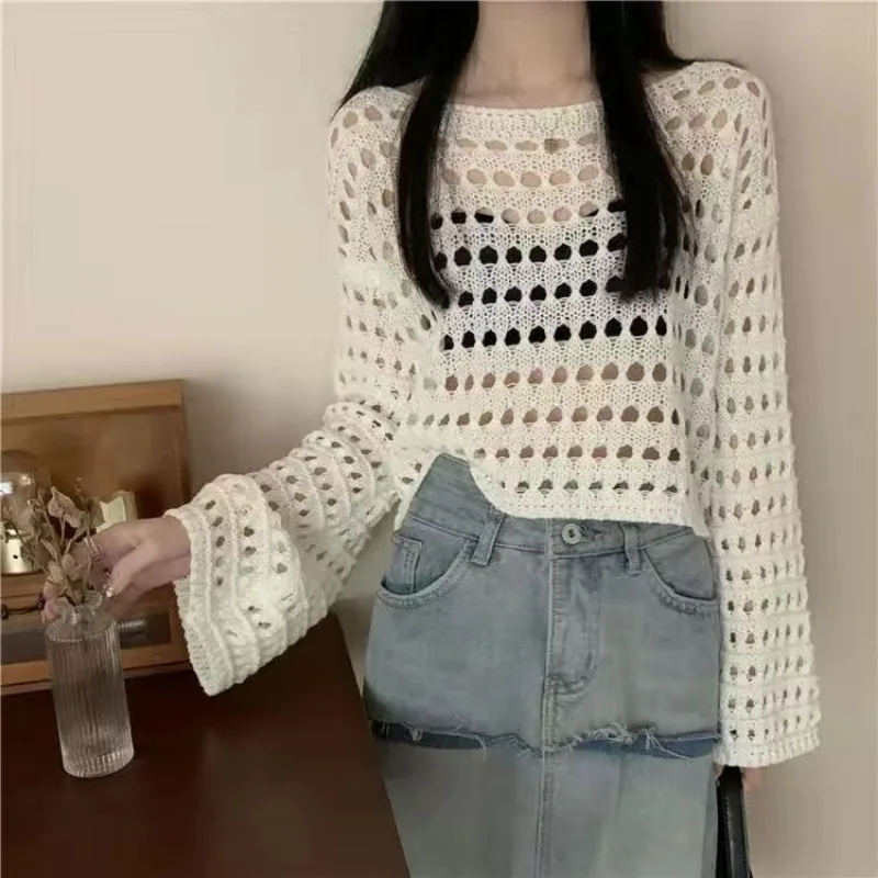 Women Crochet Knit Hollow Out Crop Top Long Sleeve Shrug Sweater Mesh Cover Ups Cardigan Streetwear Pullover Women Clothes Y2k