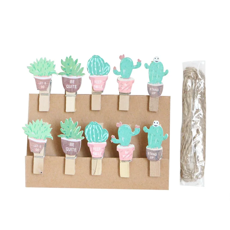 10pcs 35x7mm Cactus Wooden Peach Hanging Photo Clips Memo Paper Art Card Clothespin Stationery Wedding Party Craft Decor