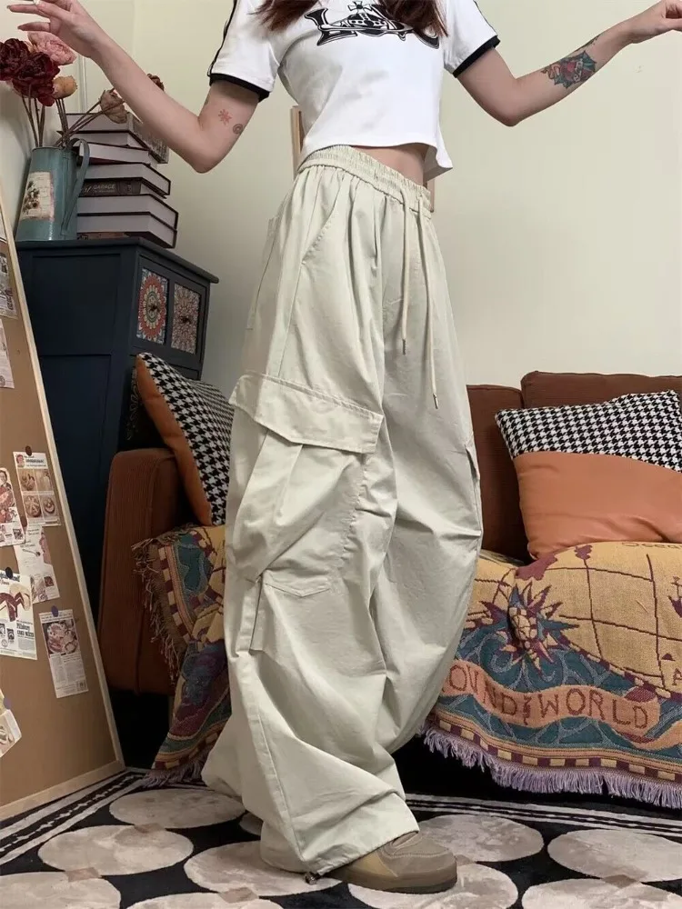 Women Cargo Pants Vintage Y2k Oversized Trousers Baggy Korean Streetwear 90s Hippie Beige Pleated Joggers Hip Hop Style