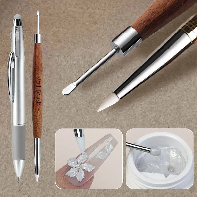 

1/2PCS Wooden Double Head Nail Art Brush Silicone Carving Pen 5in1 Nail Art Dotting Pen Nail Supplies Carving Painting Tools